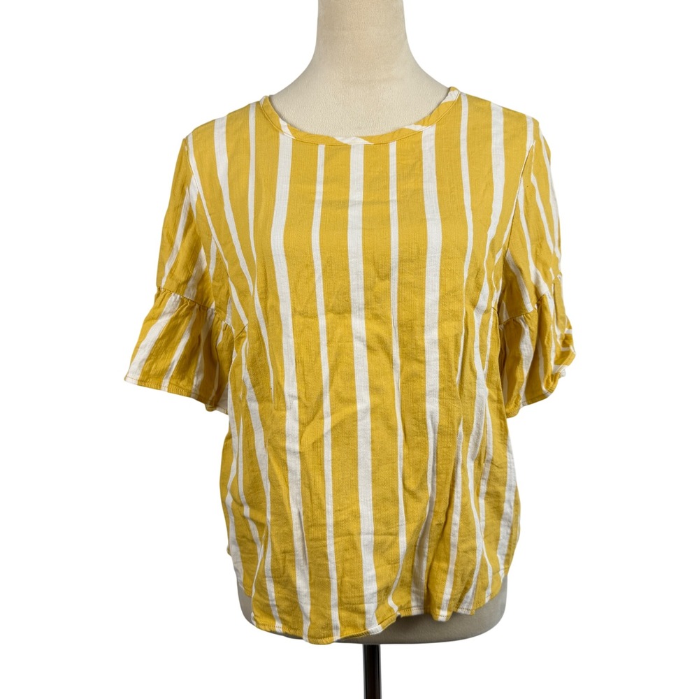 Yellow White Striped Ruffle Sleeve Button Back Blouse Small Casual Summer